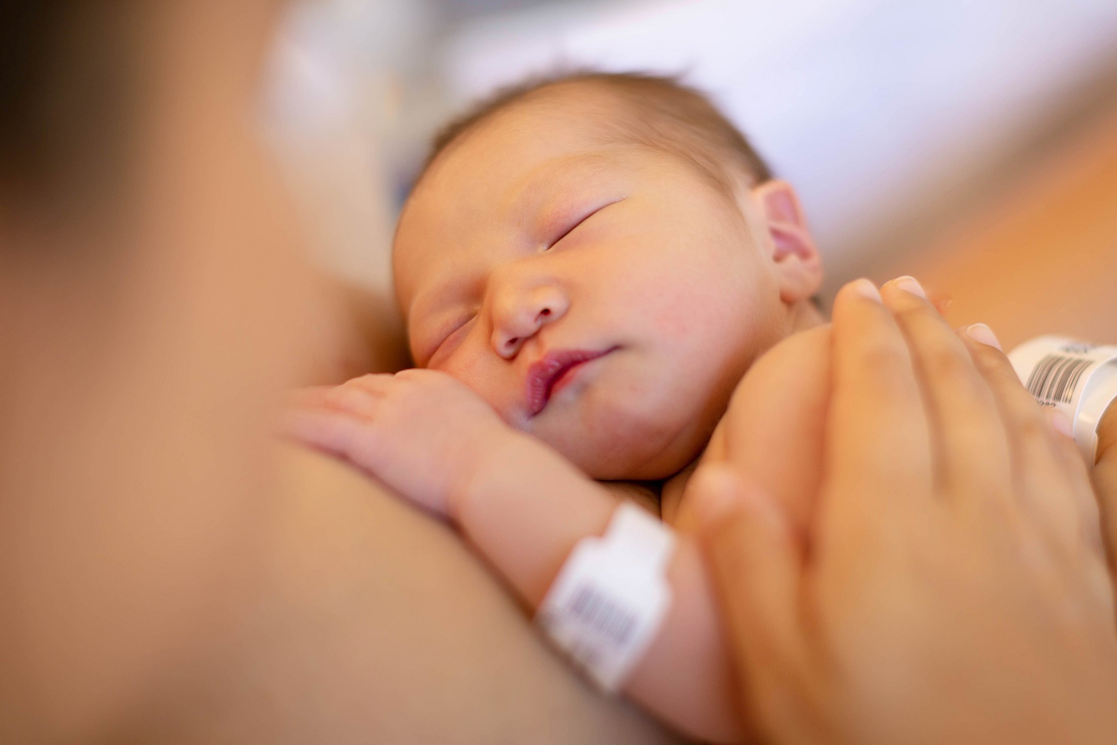 A newborn baby sleeping peacefully on a parent’s chest.