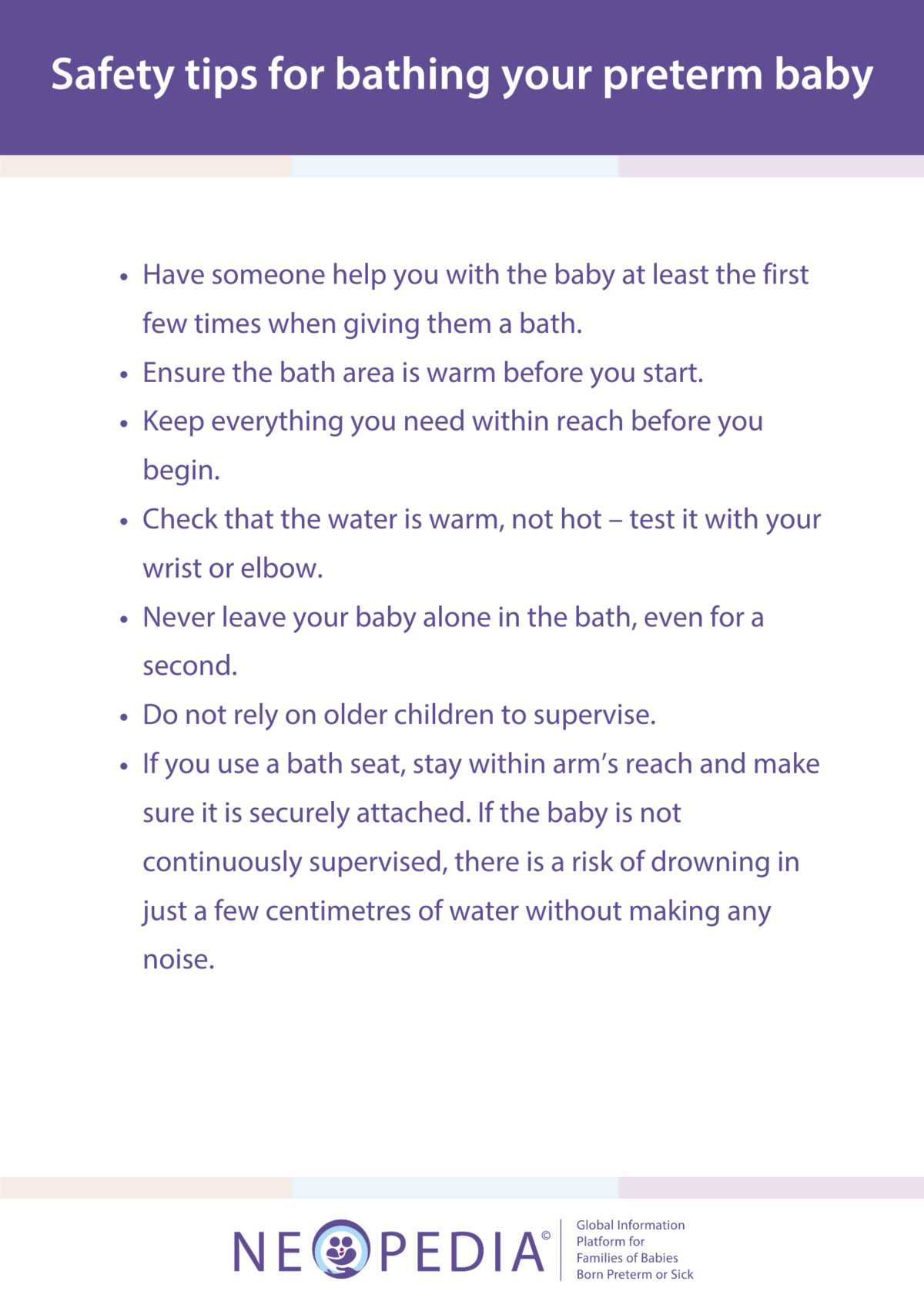 Safety guidelines for bathing a preterm baby, including water temperature checks, supervision, and having essentials within reach.