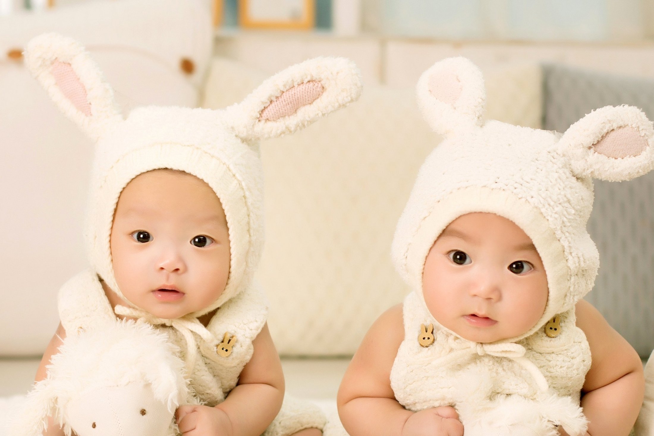 Twin babies dressed as bunnies, holding stuffed toys.