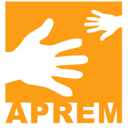 Logo of APREM showing two reaching hands, one large and one small, in a bright orange square.