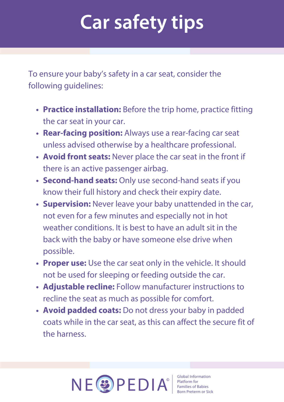 Essential car safety tips for newborns, including proper car seat installation, rear-facing positioning, and avoiding second-hand seats.
