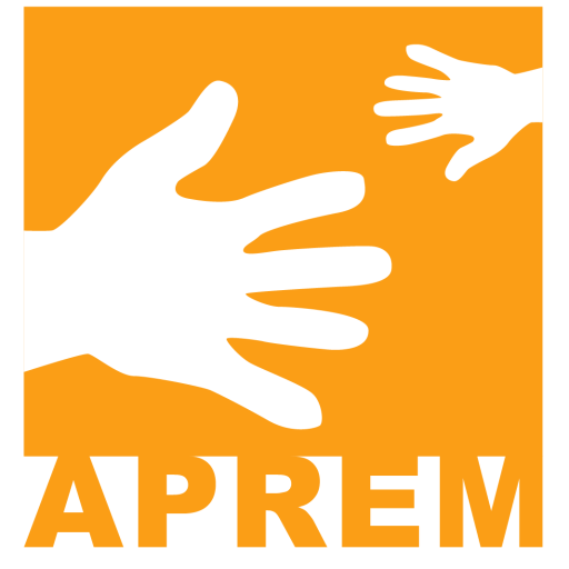 Logo of APREM showing two reaching hands, one large and one small, in a bright orange square.