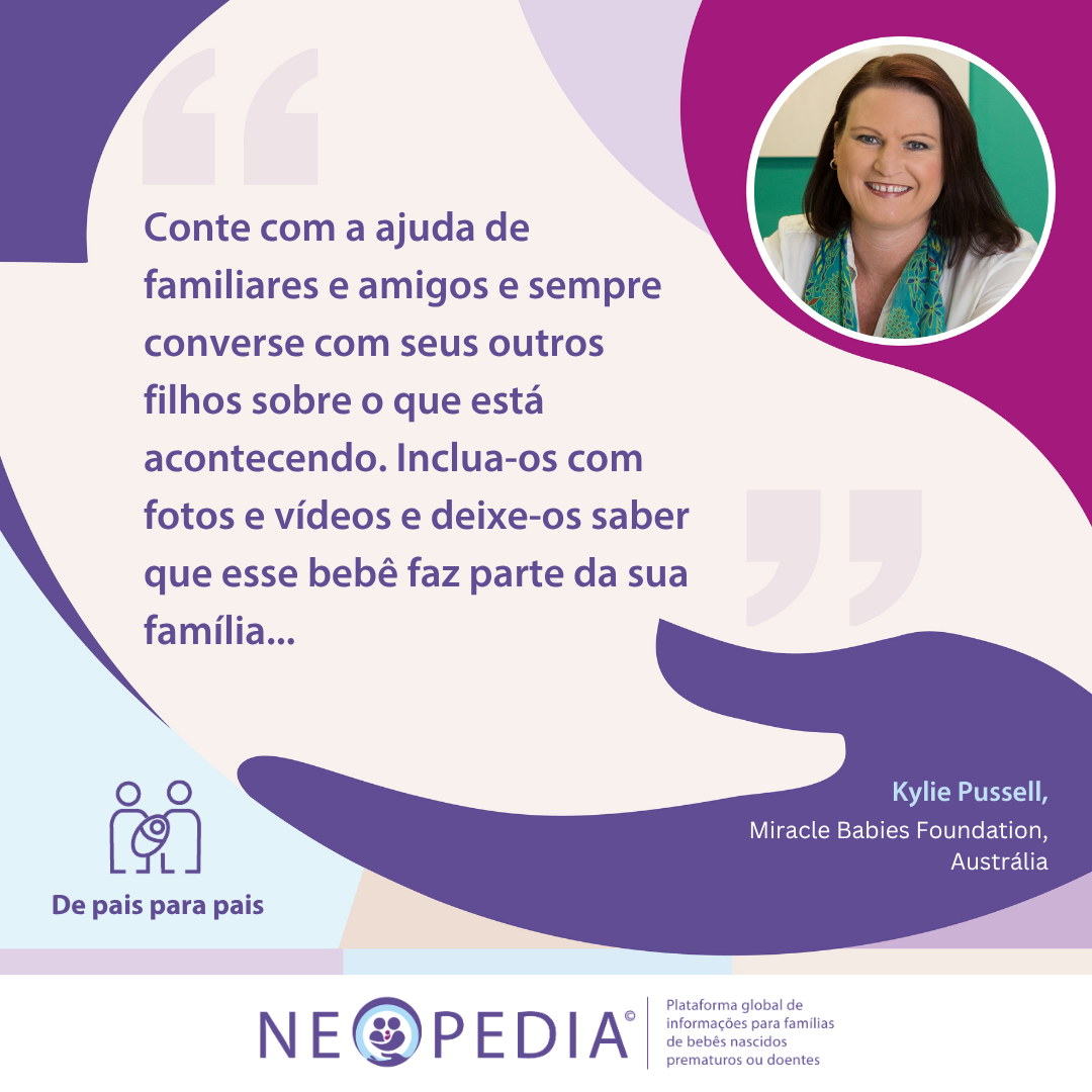 Conte com a ajuda de familiares e amigos e sempre converse com seus outros filhos sobre o que está acontecendo. Inclua-os com fotos e vídeos e deixe-os saber que esse bebê faz parte da sua família... 