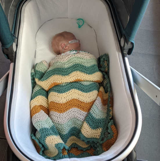 Laura, a newborn preemie, in NICU surrounded by medical equipment and support devices after being born at 30 weeks.