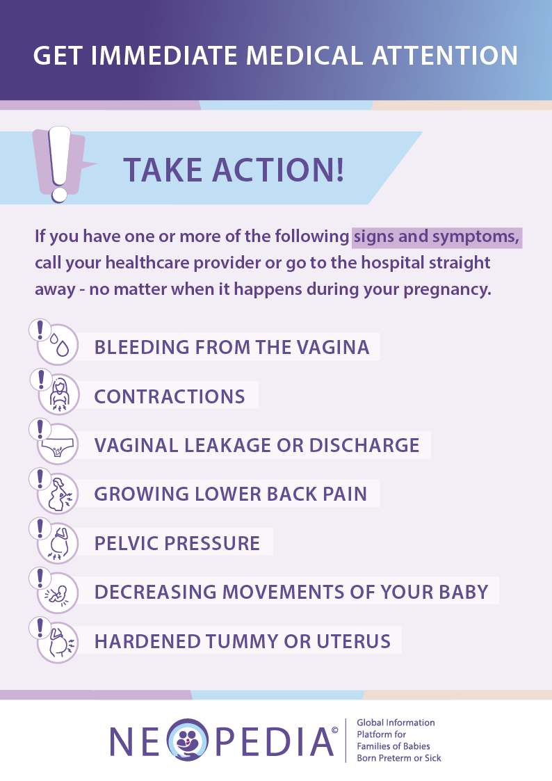 List of signs & symptoms of preterm labour that require immediate medical attention, including bleeding, contractions, and decreased baby movements.